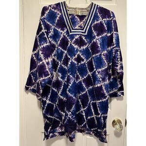 Vintage 1970s Boho Caftan Tunic Top Purple Blue Tie Dye Ethnic